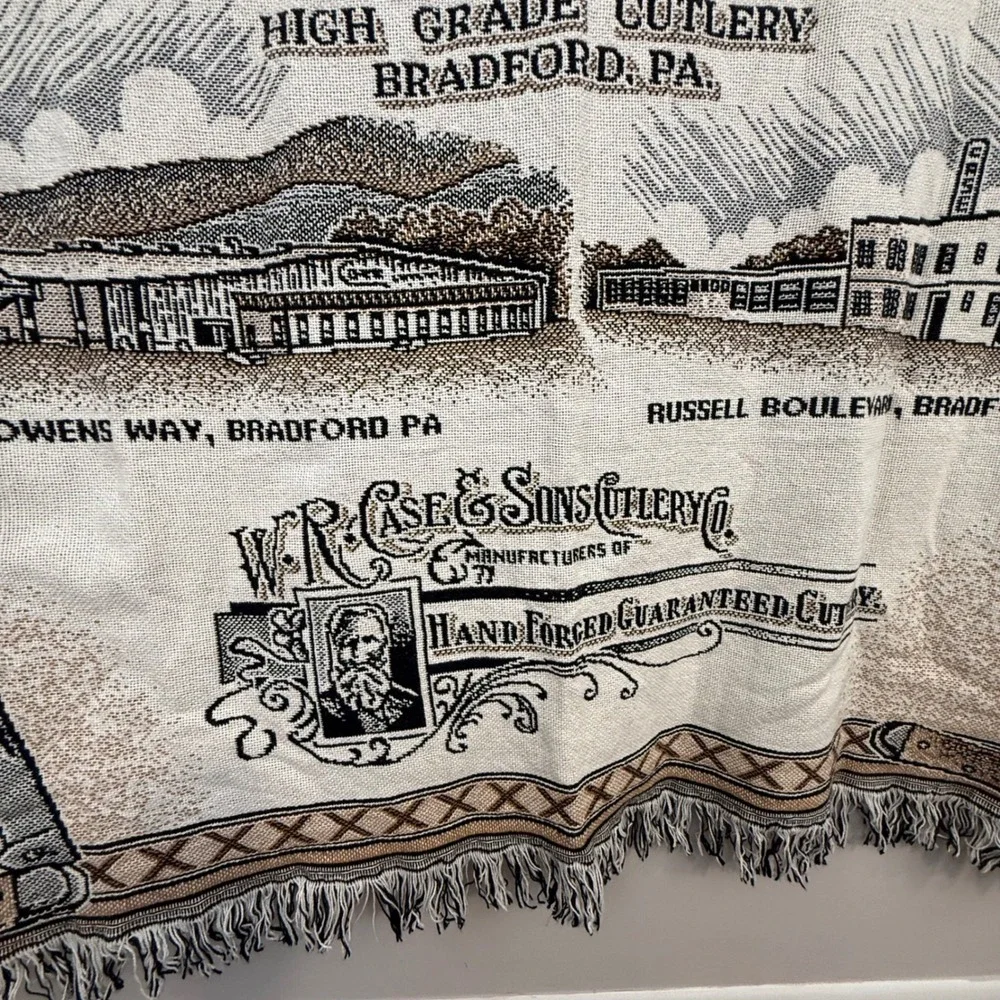 Vintage W.R. Case & Sons Cutlery Co. Woven Tapestry Throw Blanket Souvenir 48x60
